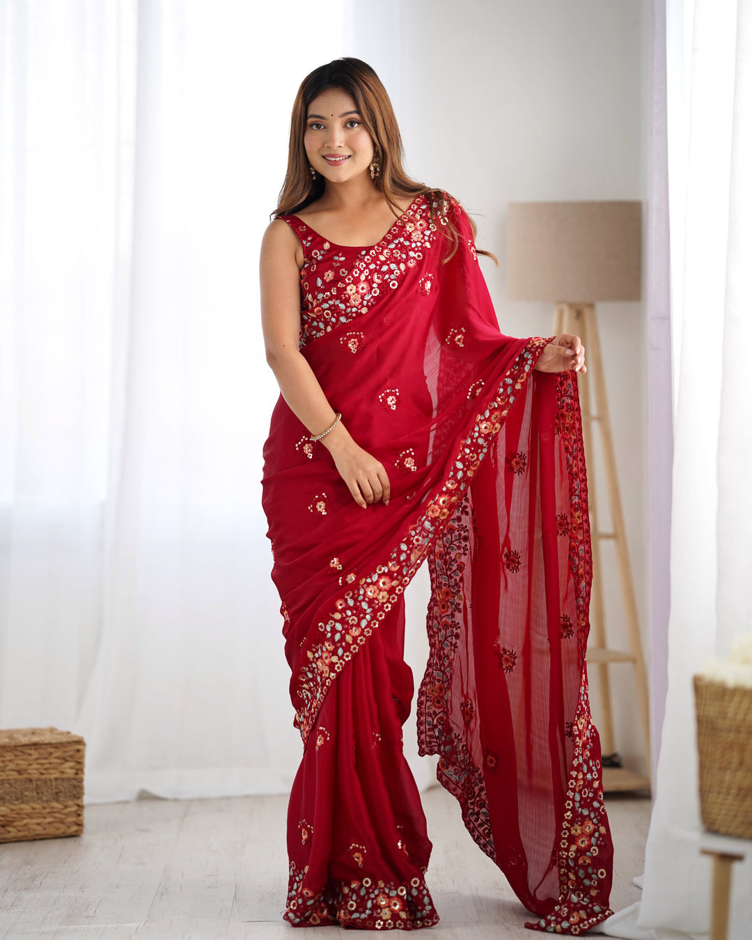 Elegant Satin-Chiffon Saree | Multi-Thread & Sequence Embroidery for Weddings