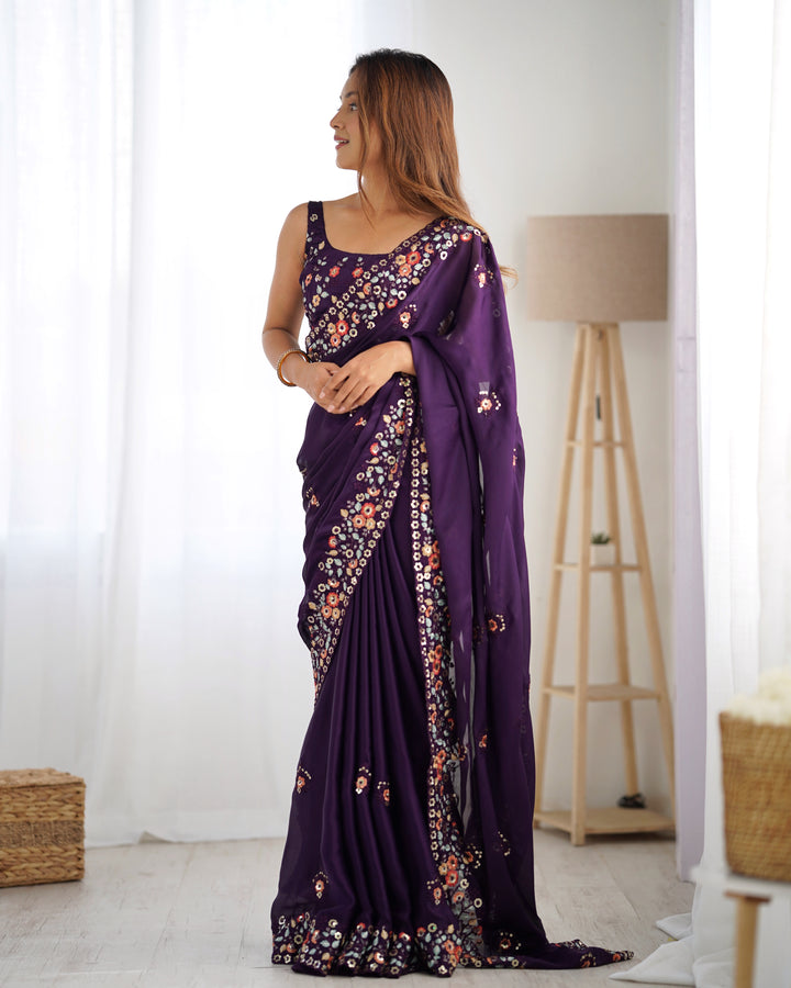 Elegant Satin-Chiffon Saree | Multi-Thread & Sequence Embroidery for Weddings