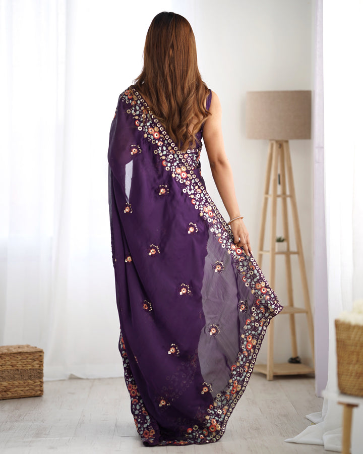 Elegant Satin-Chiffon Saree | Multi-Thread & Sequence Embroidery for Weddings