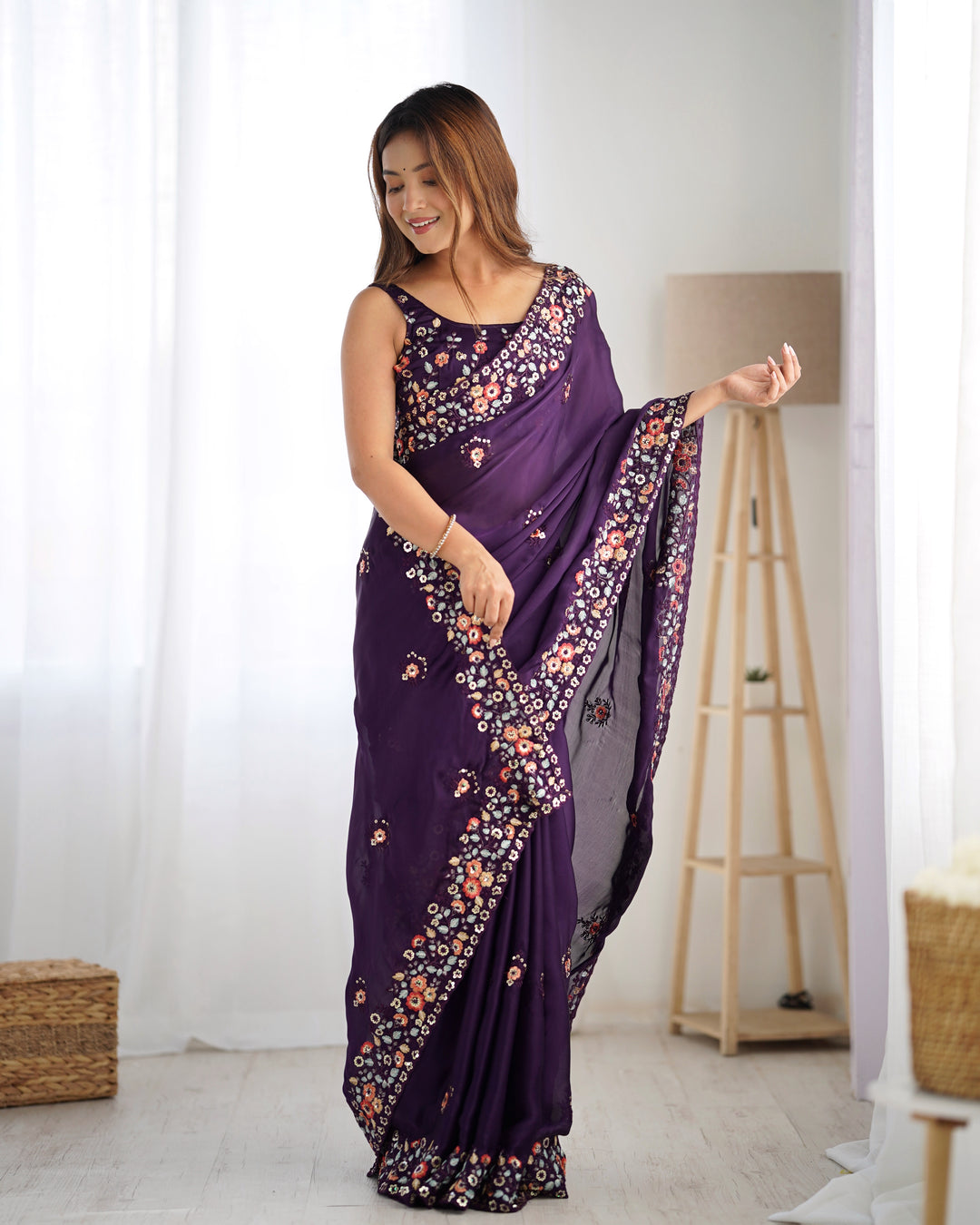 Elegant Satin-Chiffon Saree | Multi-Thread & Sequence Embroidery for Weddings