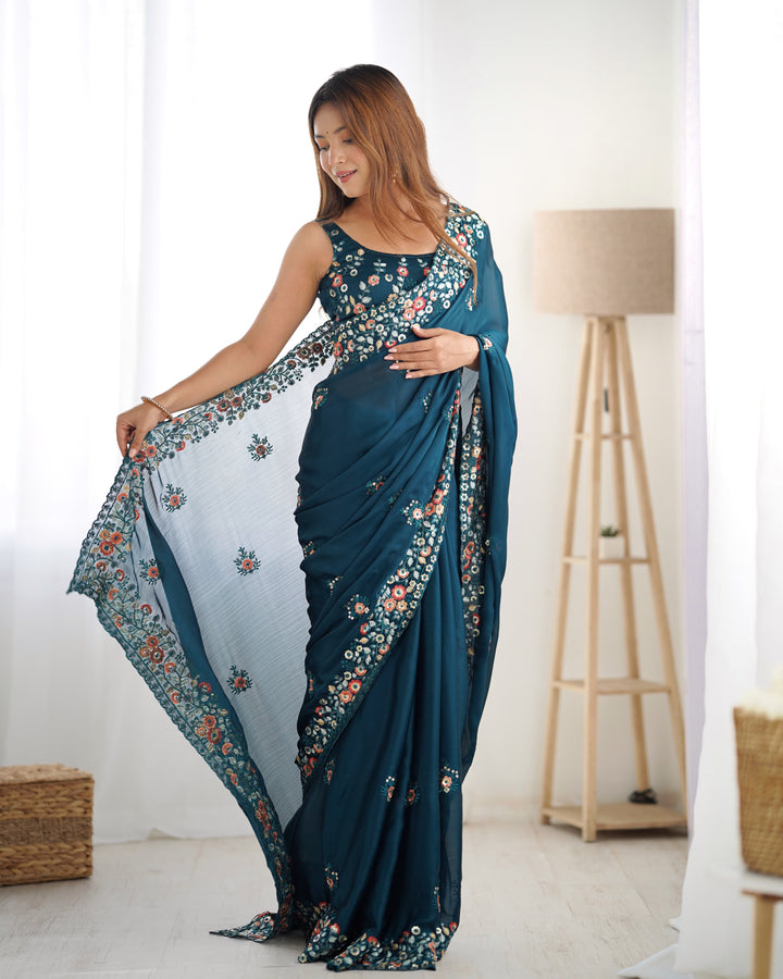 Elegant Satin-Chiffon Saree | Multi-Thread & Sequence Embroidery for Weddings