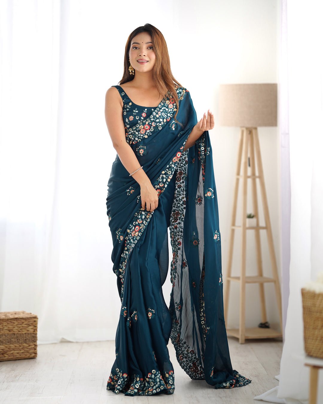 Elegant Satin-Chiffon Saree | Multi-Thread & Sequence Embroidery for Weddings