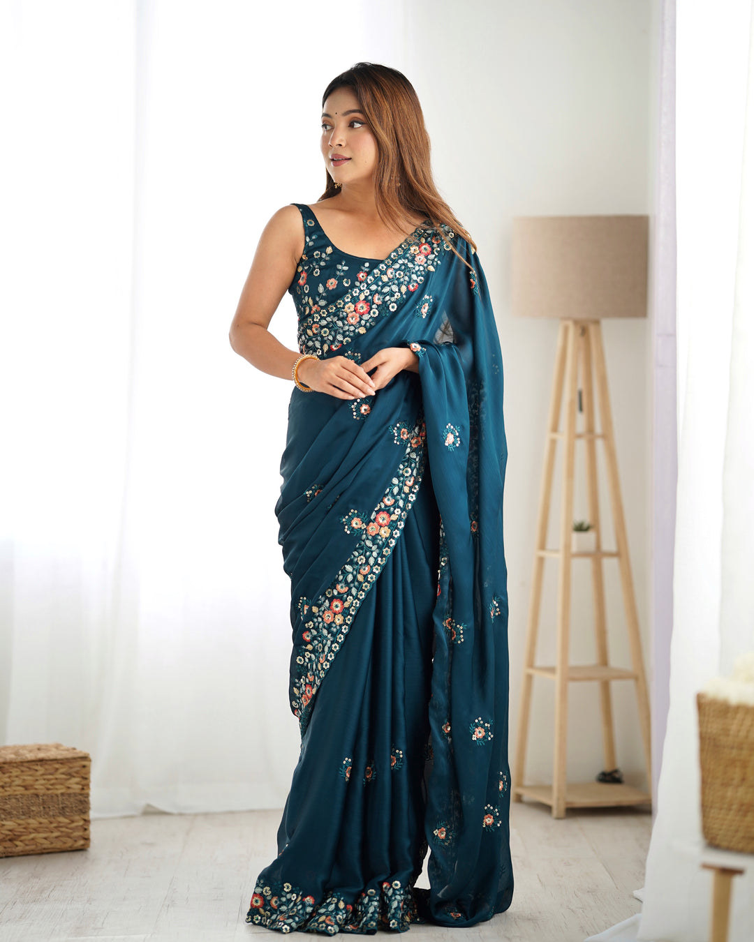 Elegant Satin-Chiffon Saree | Multi-Thread & Sequence Embroidery for Weddings