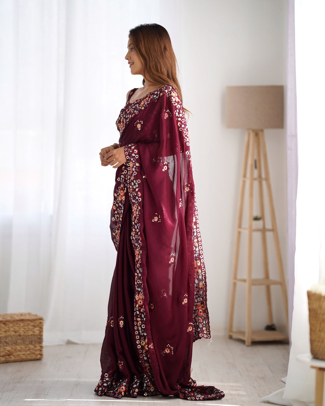 Elegant Satin-Chiffon Saree | Multi-Thread & Sequence Embroidery for Weddings