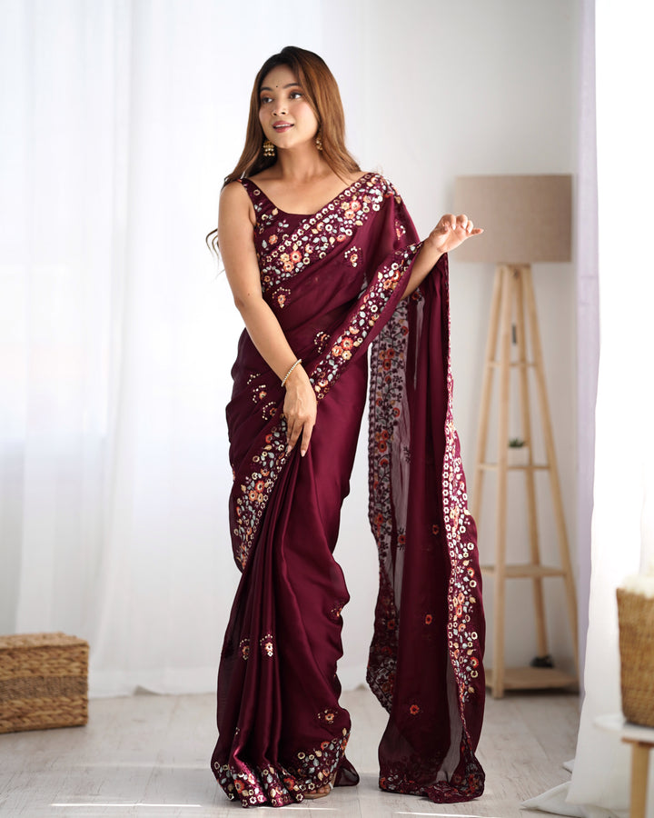 Elegant Satin-Chiffon Saree | Multi-Thread & Sequence Embroidery for Weddings