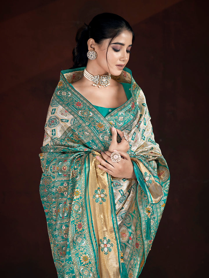 Elegant Rama Banarasi Saree | Multi Thread & Motif Work for Festive Occasions