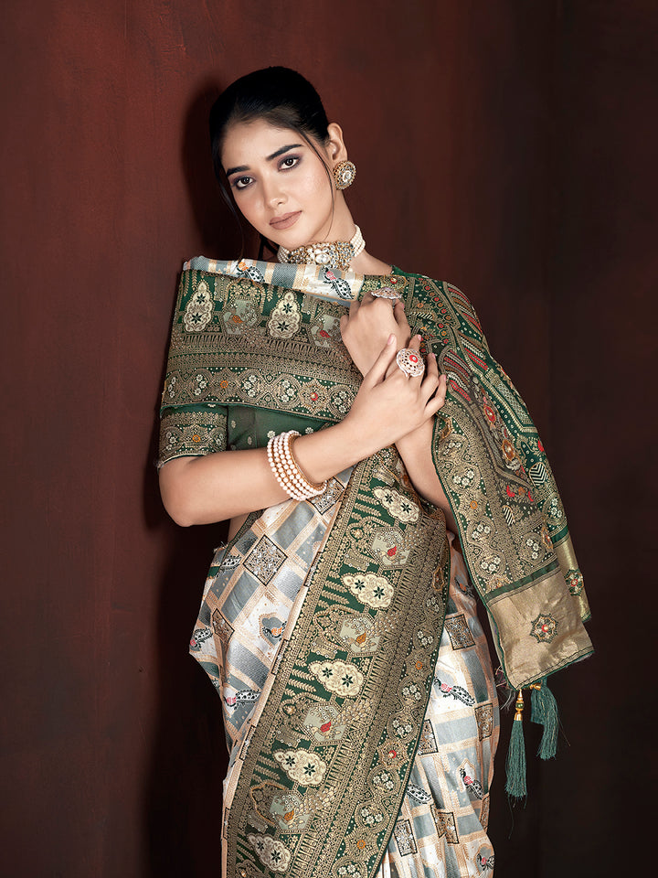 Designer Banarasi Silk Saree | Beautified with Weaving Jari, Multi Thread Work, Motif , Crystal Hand Work Work