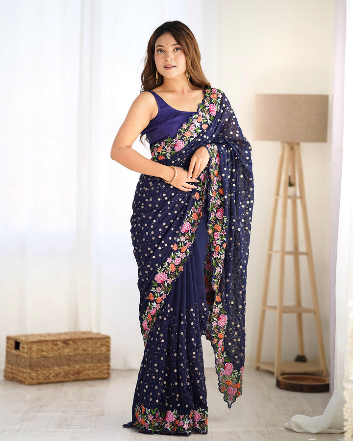 Exclusive Georgette Saree | Intricate  Multy Thread, Sequance Embroidery Work Embellishment