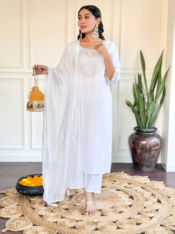 Stunning White Suit | Chanderi top bottom with Nylon Taby dupatta