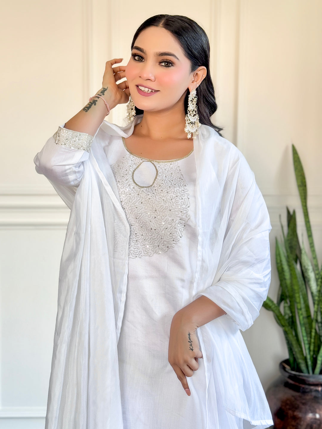 Stunning White Suit | Chanderi top bottom with Nylon Taby dupatta