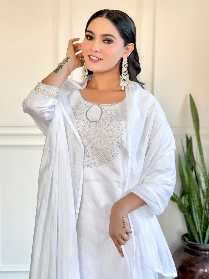 Stunning White Suit | Chanderi top bottom with Nylon Taby dupatta