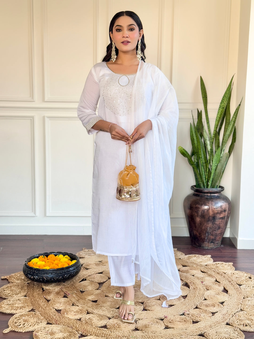 Stunning White Suit | Chanderi top bottom with Nylon Taby dupatta