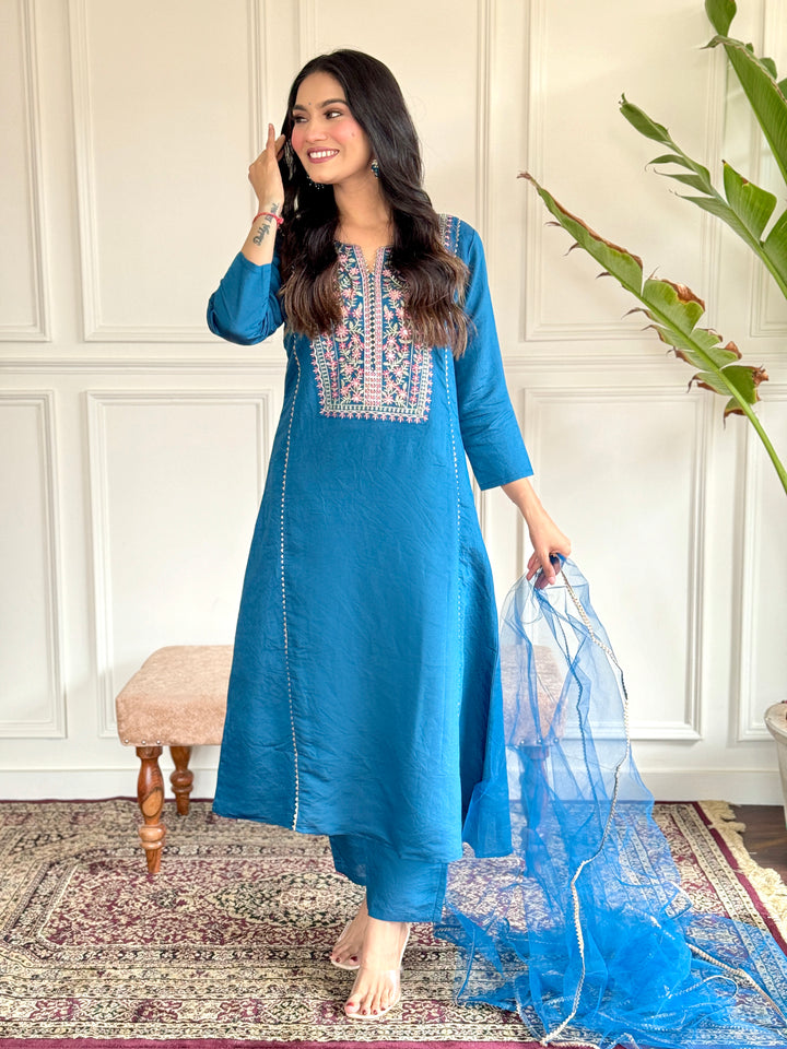 Elegant Blue Suit | Chanderi Viscose top bottom with Net dupatta