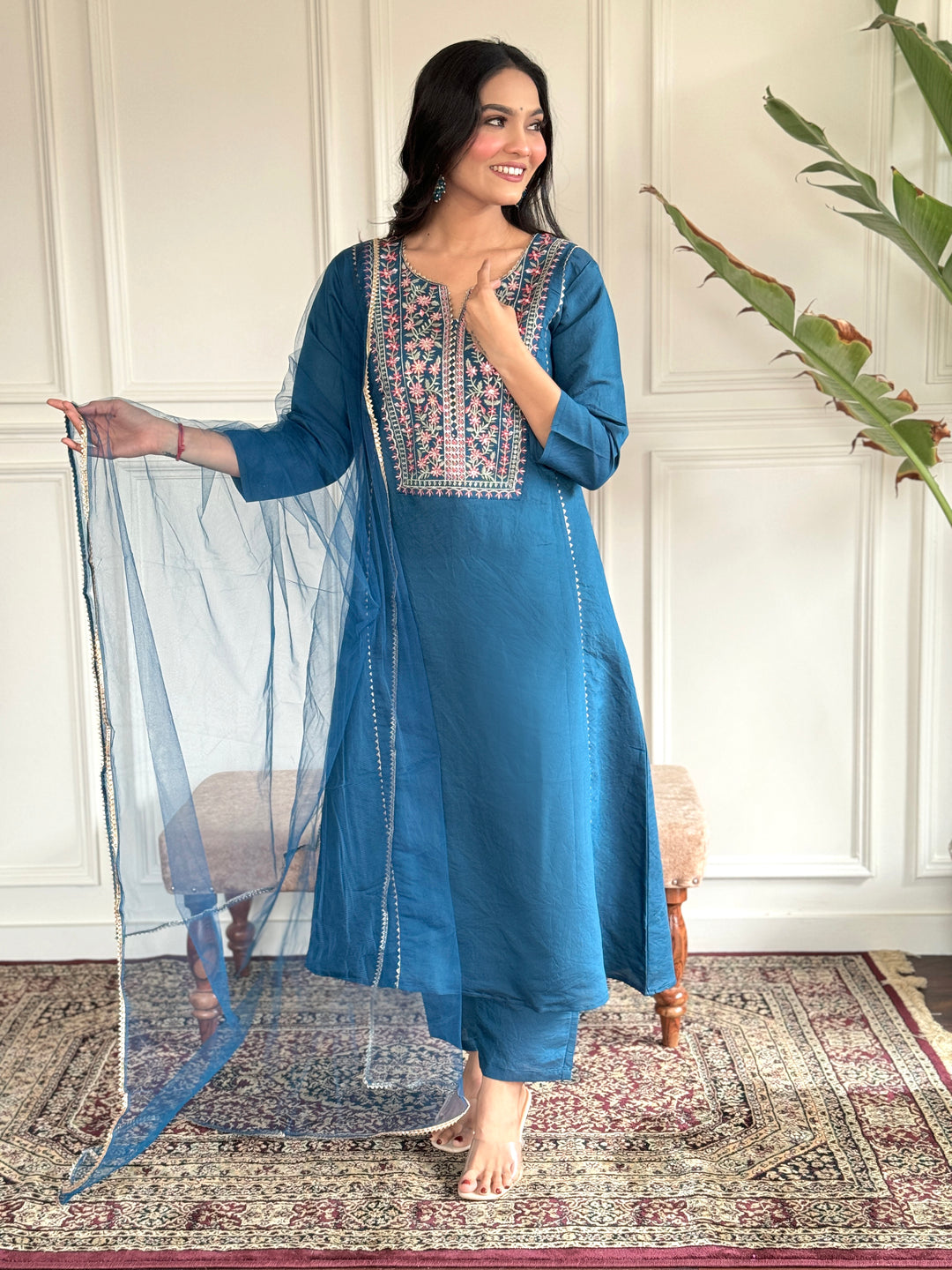 Elegant Blue Suit | Chanderi Viscose top bottom with Net dupatta