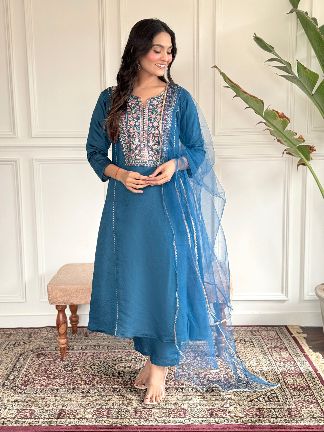 Elegant Blue Suit | Chanderi Viscose top bottom with Net dupatta