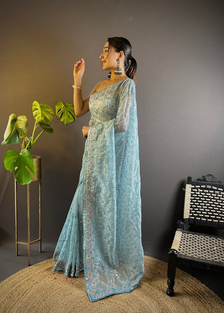 Elegant Twill-Net Saree with Thread & Sequin Embroidery | Wedding & Festive