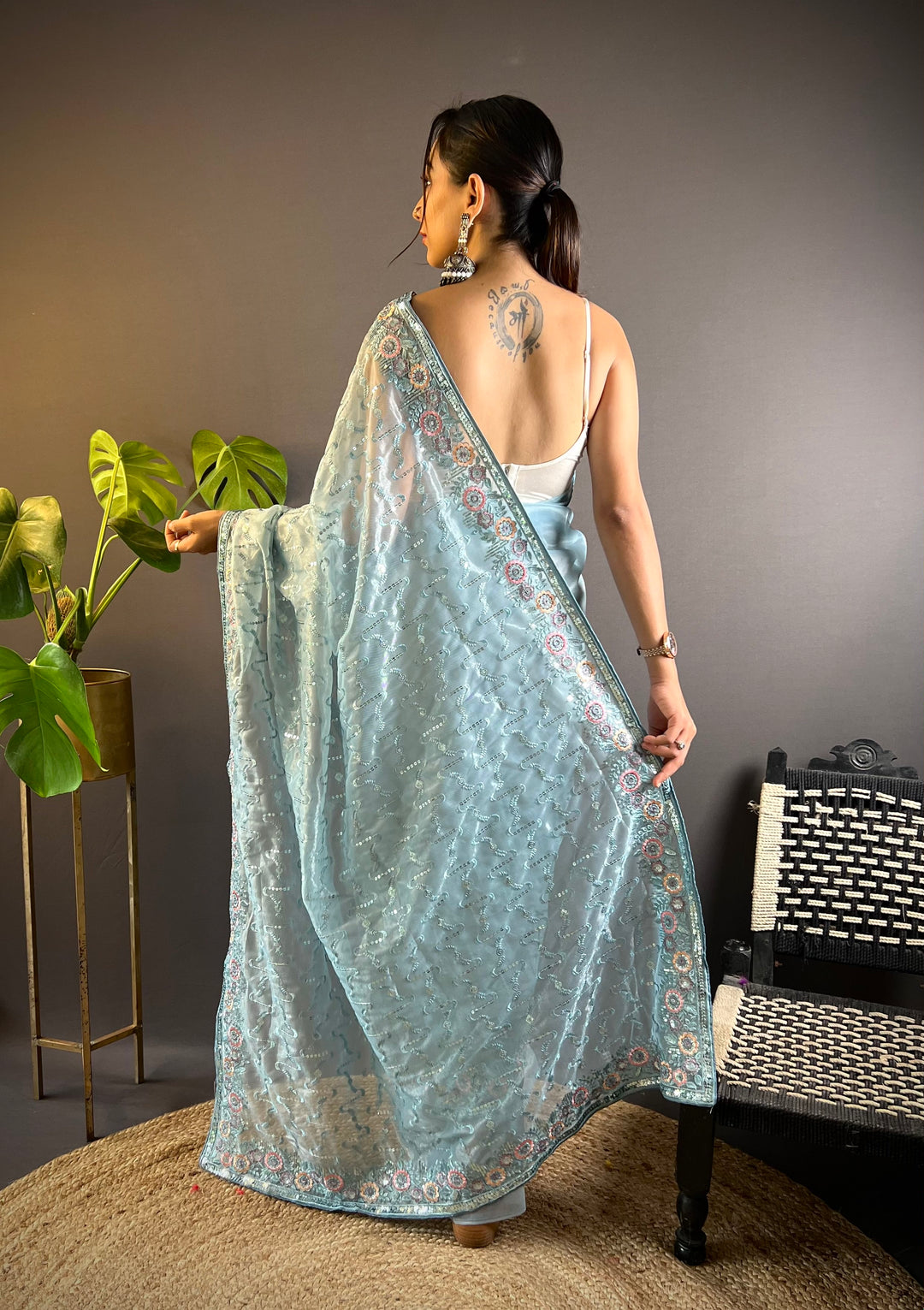 Elegant Twill-Net Saree with Thread & Sequin Embroidery | Wedding & Festive