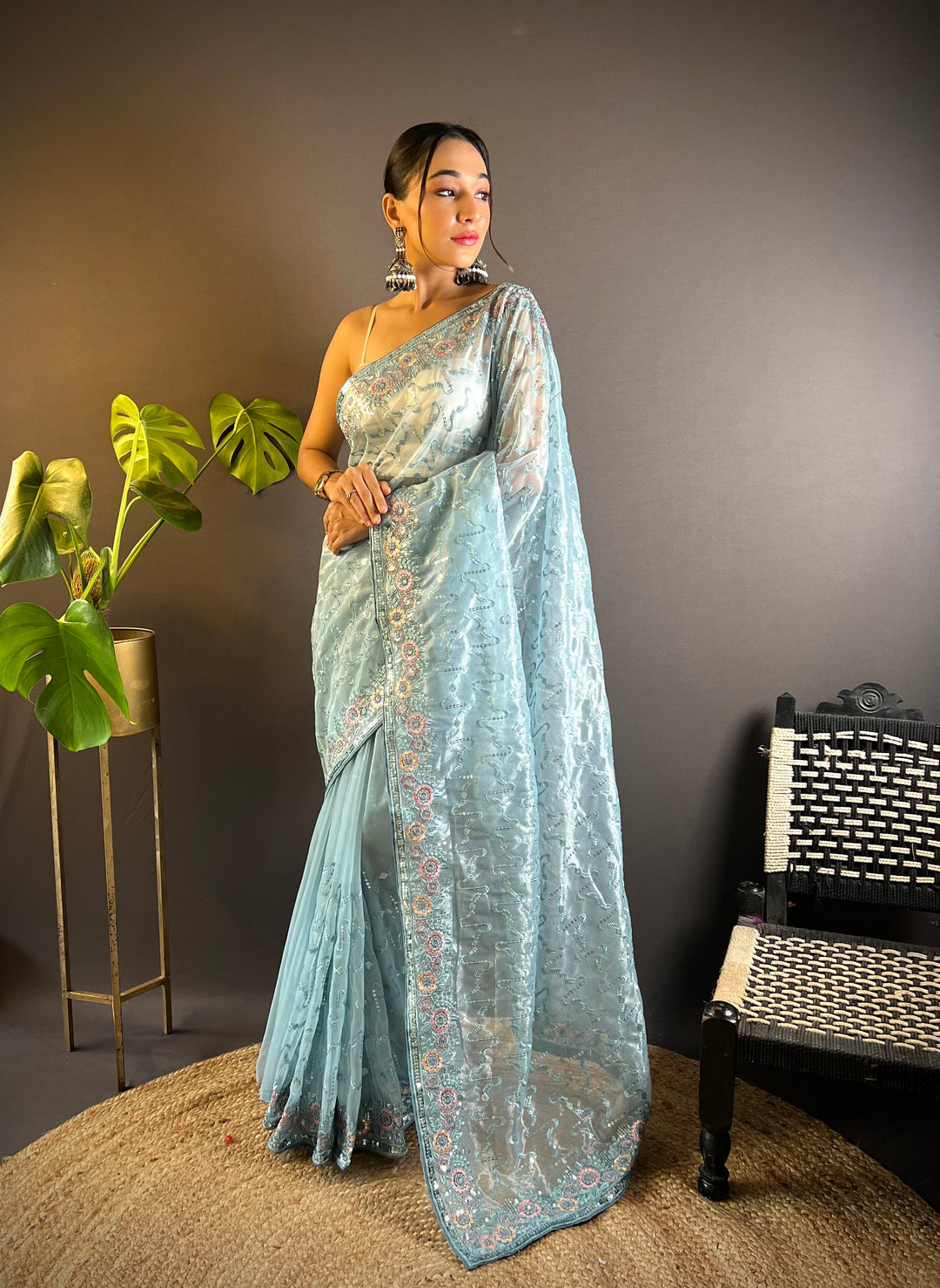 Elegant Twill-Net Saree with Thread & Sequin Embroidery | Wedding & Festive