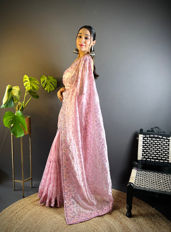 Elegant Twill-Net Saree with Thread & Sequin Embroidery | Wedding & Festive