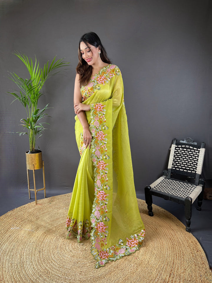 Glossy Silk Saree with Embroidery & Cut-Work | Wedding & Festive Occasion