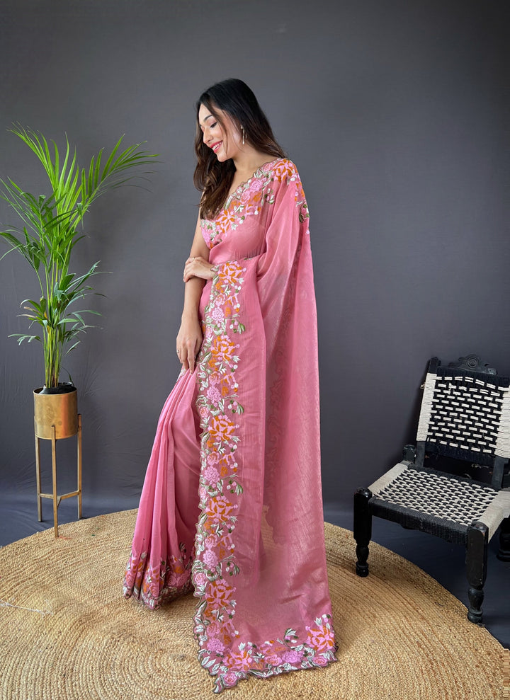 Glossy Silk Saree with Embroidery & Cut-Work | Wedding & Festive Occasion