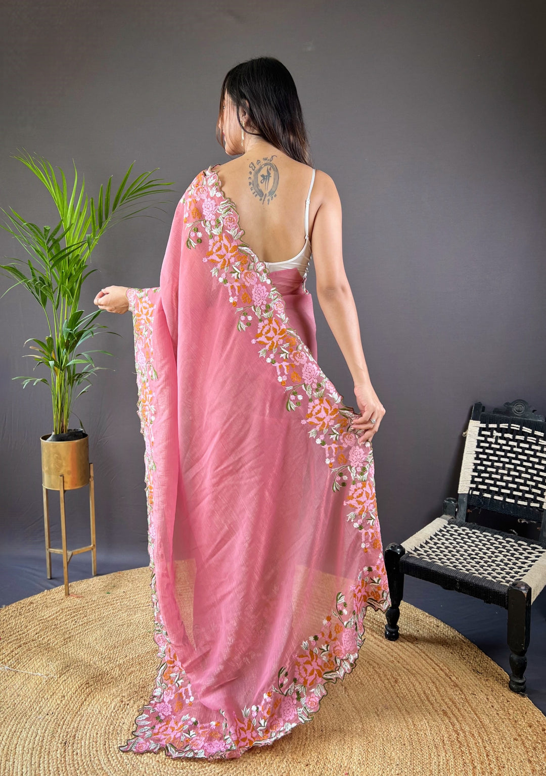 Glossy Silk Saree with Embroidery & Cut-Work | Wedding & Festive Occasion