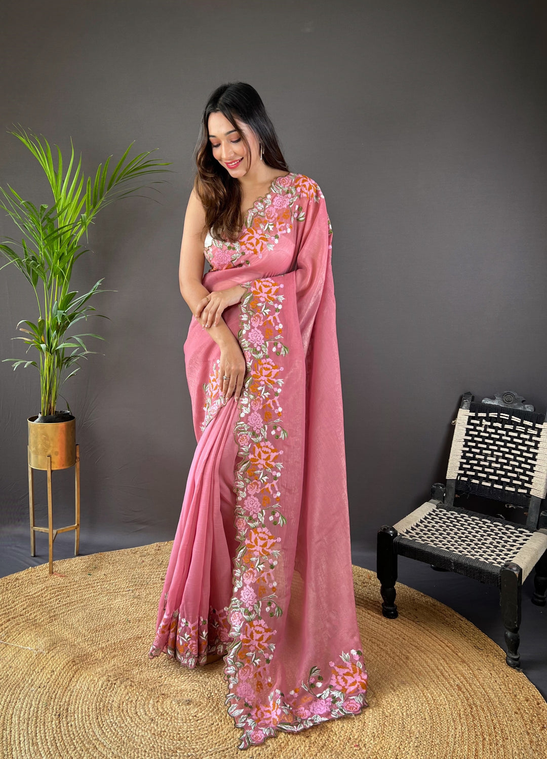 Glossy Silk Saree with Embroidery & Cut-Work | Wedding & Festive Occasion