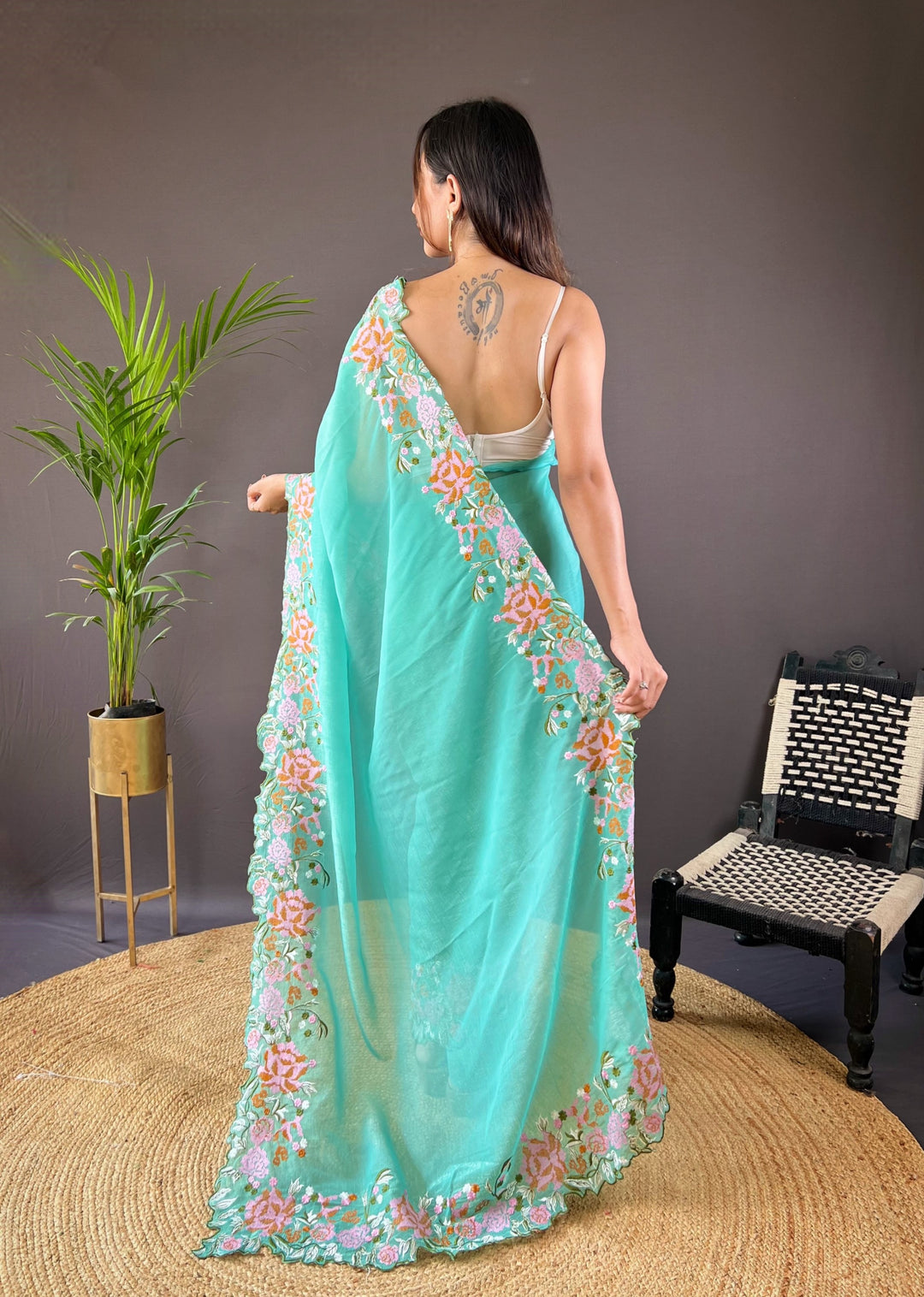 Glossy Silk Saree with Embroidery & Cut-Work | Wedding & Festive Occasion