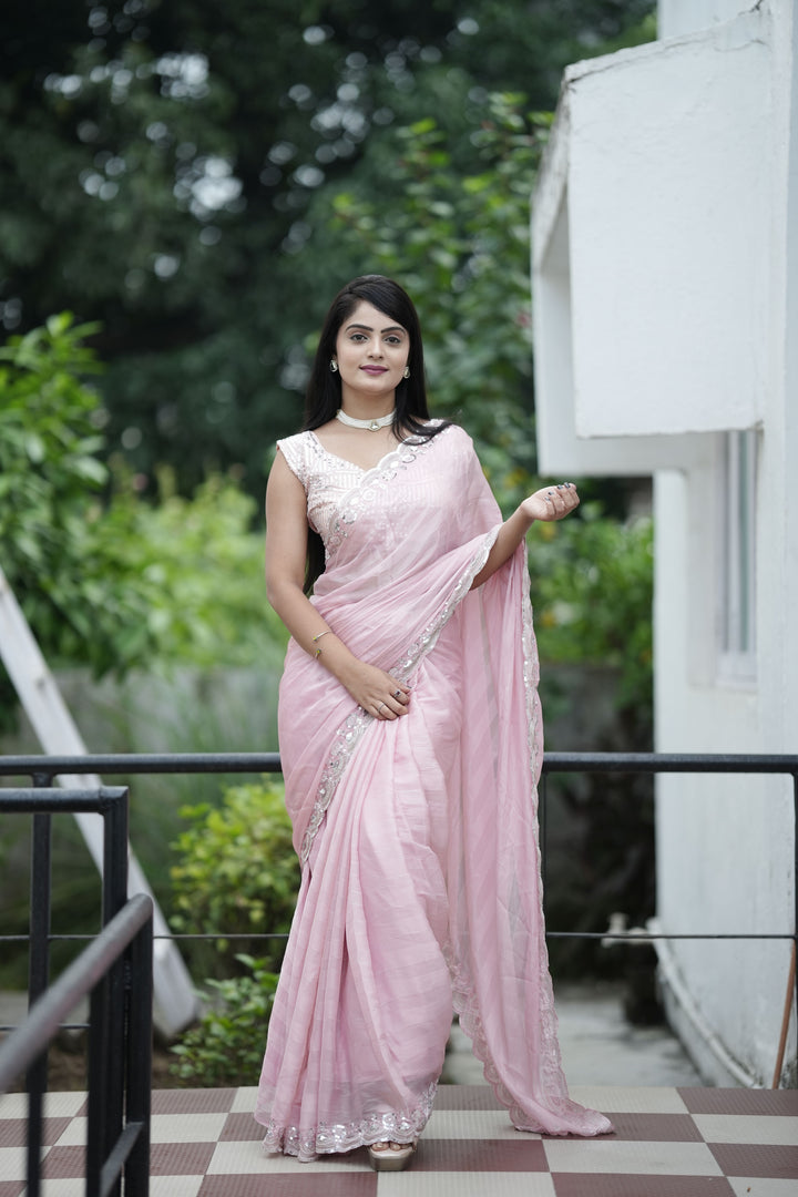 Chiffon Saree with Diamond-Silk Blouse | Woven Patta & Sequins Embroidery