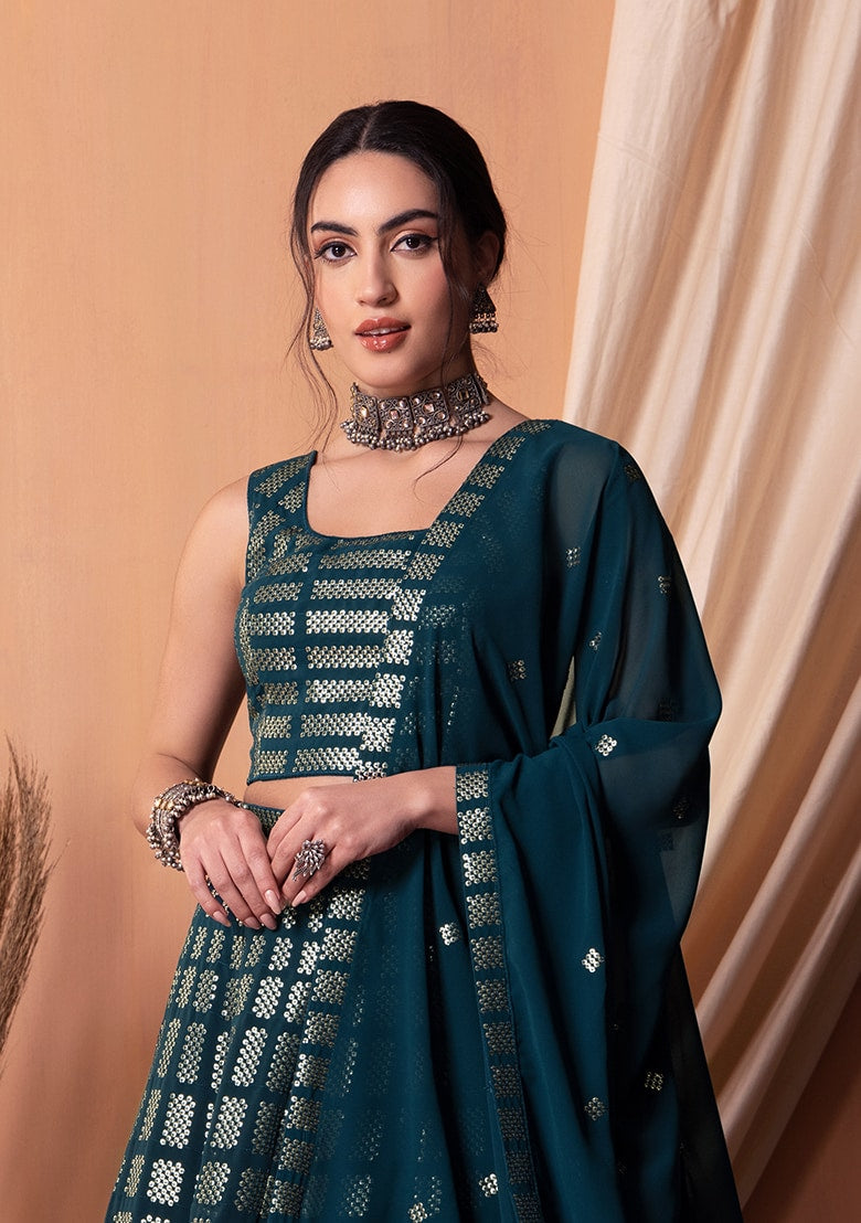 Breathtaking teal Georgette Lehenga with teal Dupatta | A Captivating Traditional Ensemble