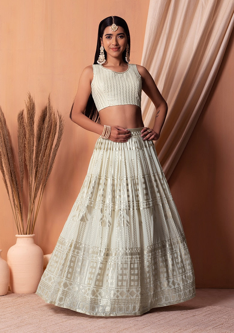 Sophisticated White Georgette Lehenga with White Dupatta | A Captivating Traditional Ensemble