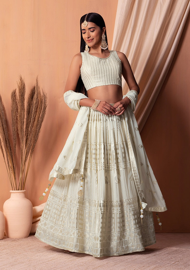 Sophisticated White Georgette Lehenga with White Dupatta | A Captivating Traditional Ensemble