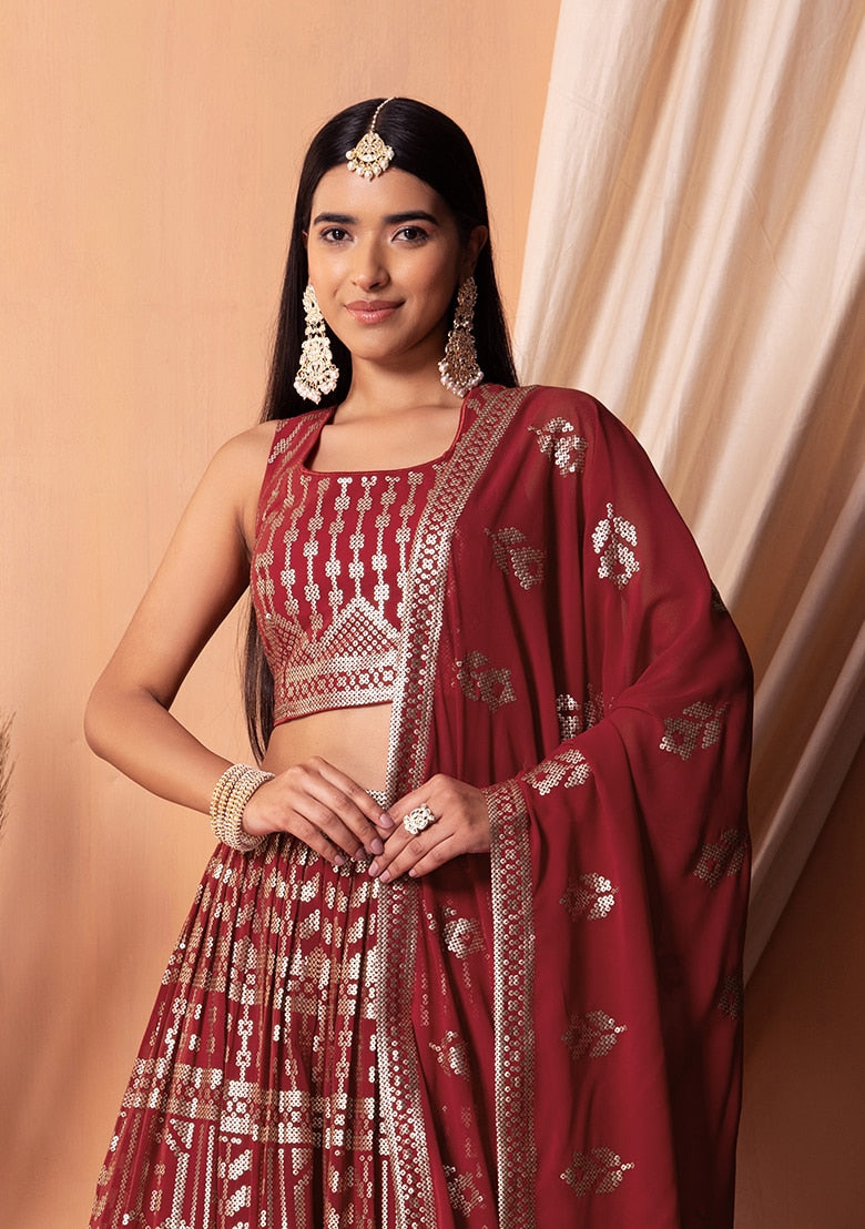 Gorgeous Maroon Georgette Lehenga with Maroon Dupatta | A Captivating Traditional Ensemble