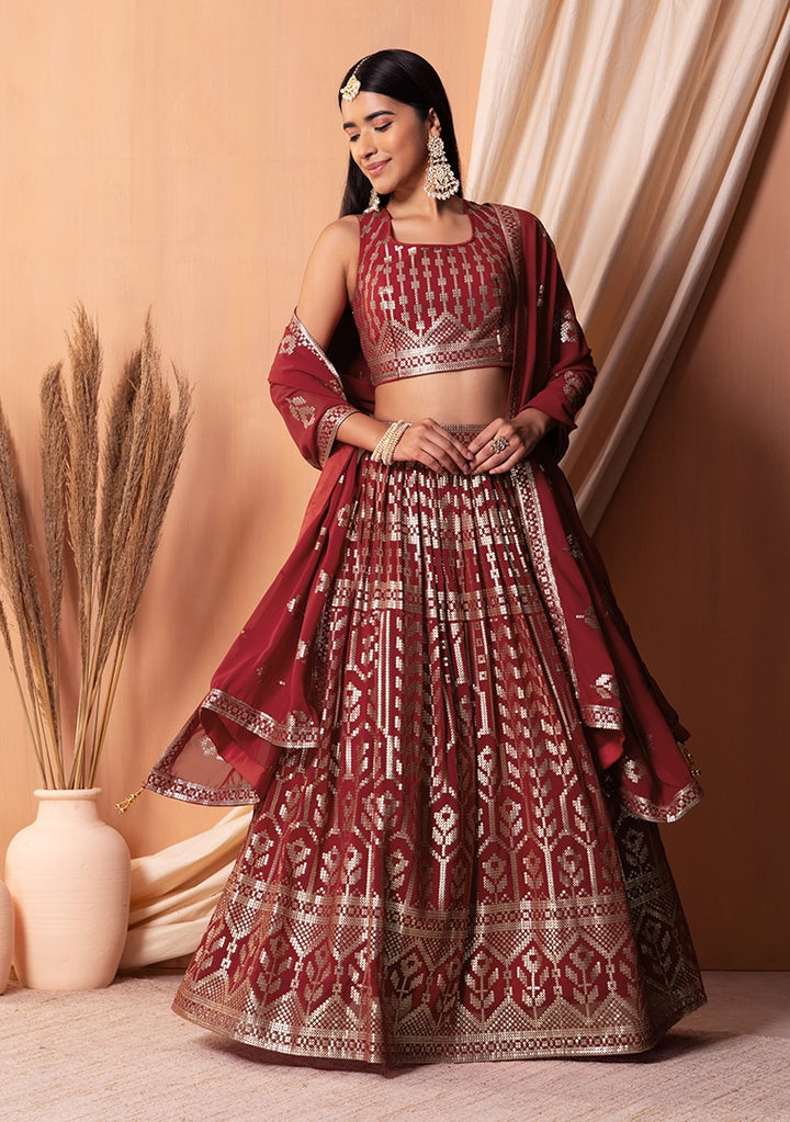 Gorgeous Maroon Georgette Lehenga with Maroon Dupatta | A Captivating Traditional Ensemble