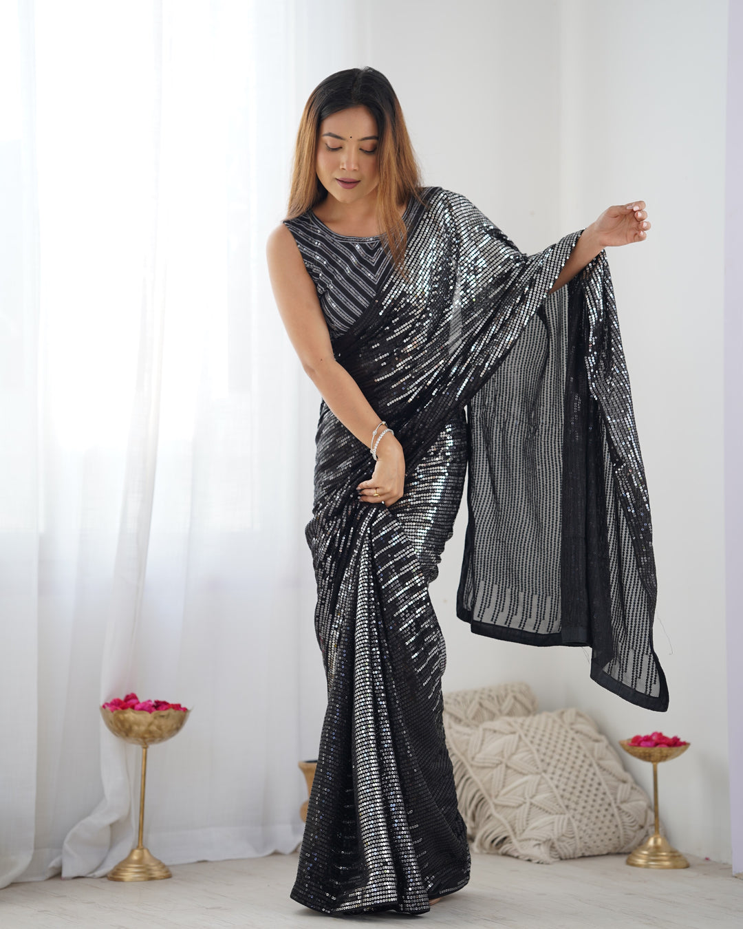 Black Beauty Georgette Saree | Designer Sequins Embroidery & Glossy Blouse