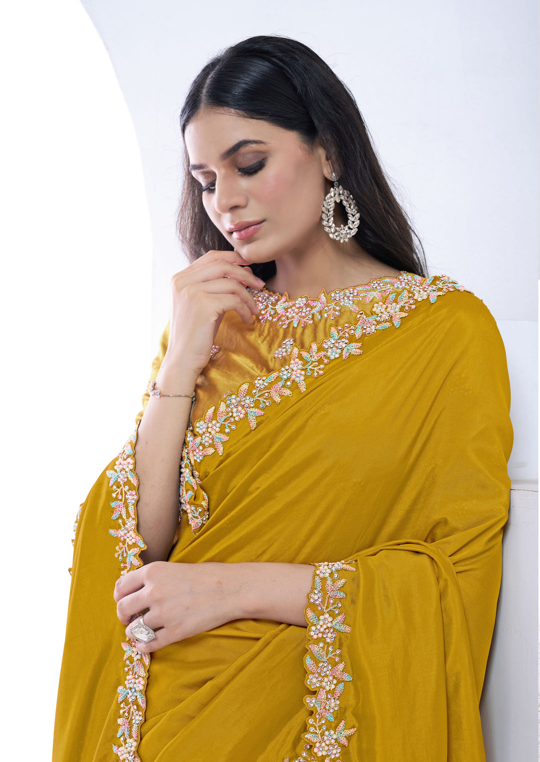 Mustard Crepe Silk Saree | Moti Hand Work Elegant Party Wear Look