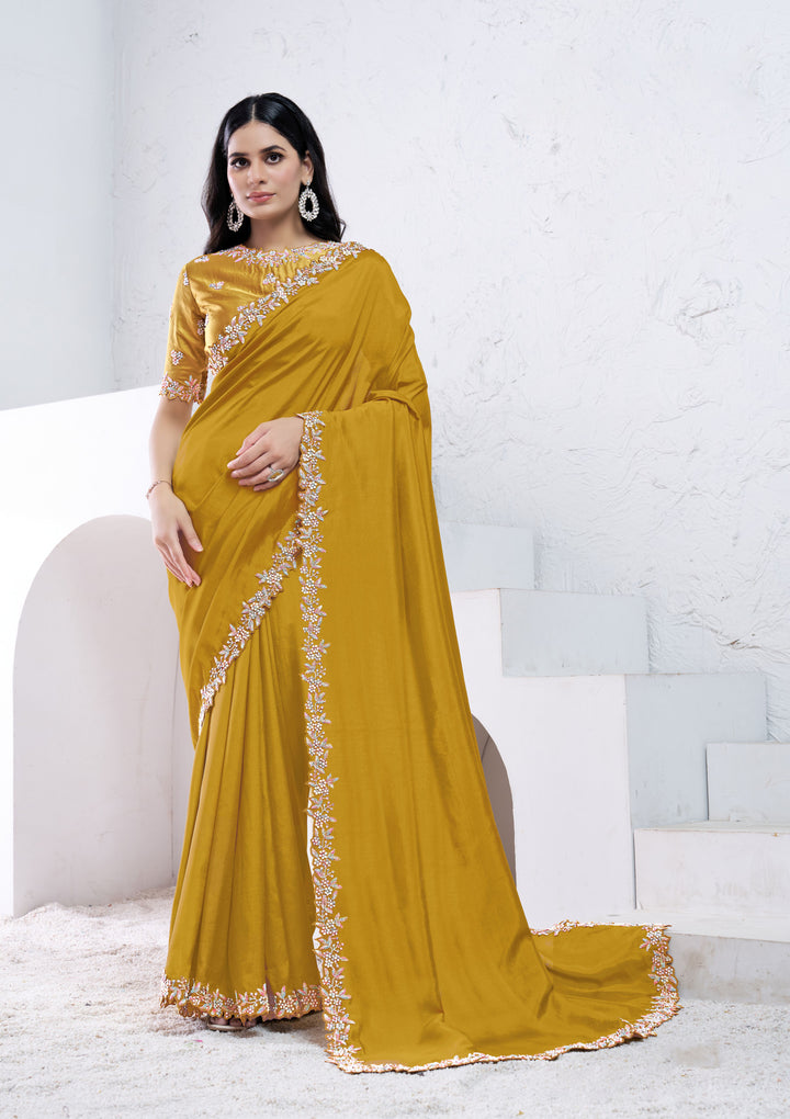 Mustard Crepe Silk Saree | Moti Hand Work Elegant Party Wear Look