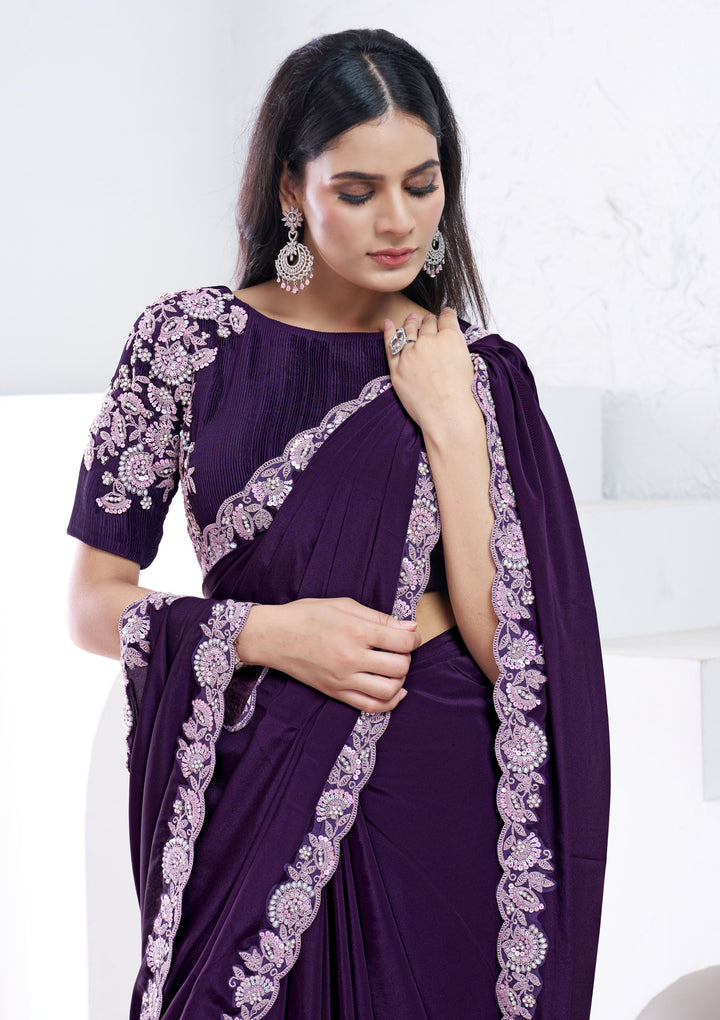 Dark Purple Crepe Silk Saree Japan Poly Blouse | Moti & Sequin Work Party Wear