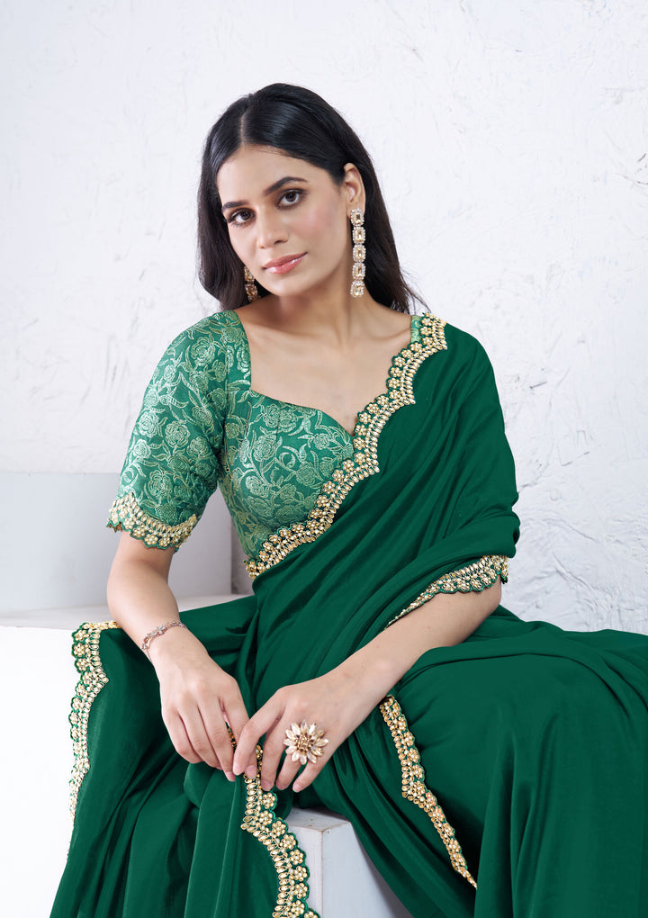 Designer Green Silk Saree | Gota Jacquard Blouse Wedding & Festive Wear