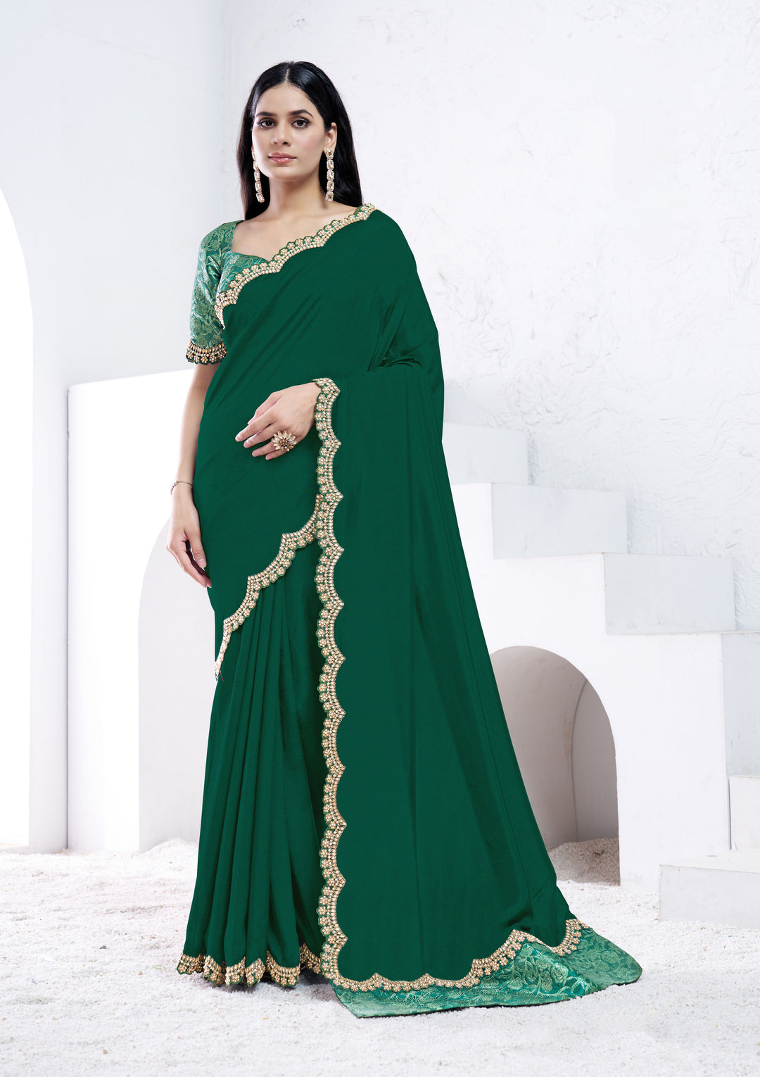 Designer Green Silk Saree | Gota Jacquard Blouse Wedding & Festive Wear