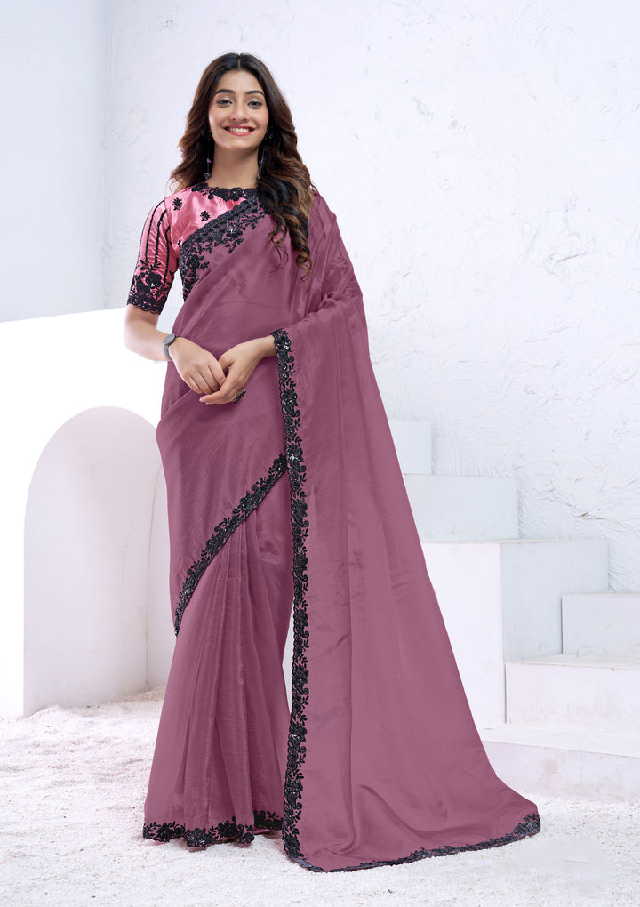 Dusty Pink Crush Silk Saree | Sequence & Hand Work Party Wear