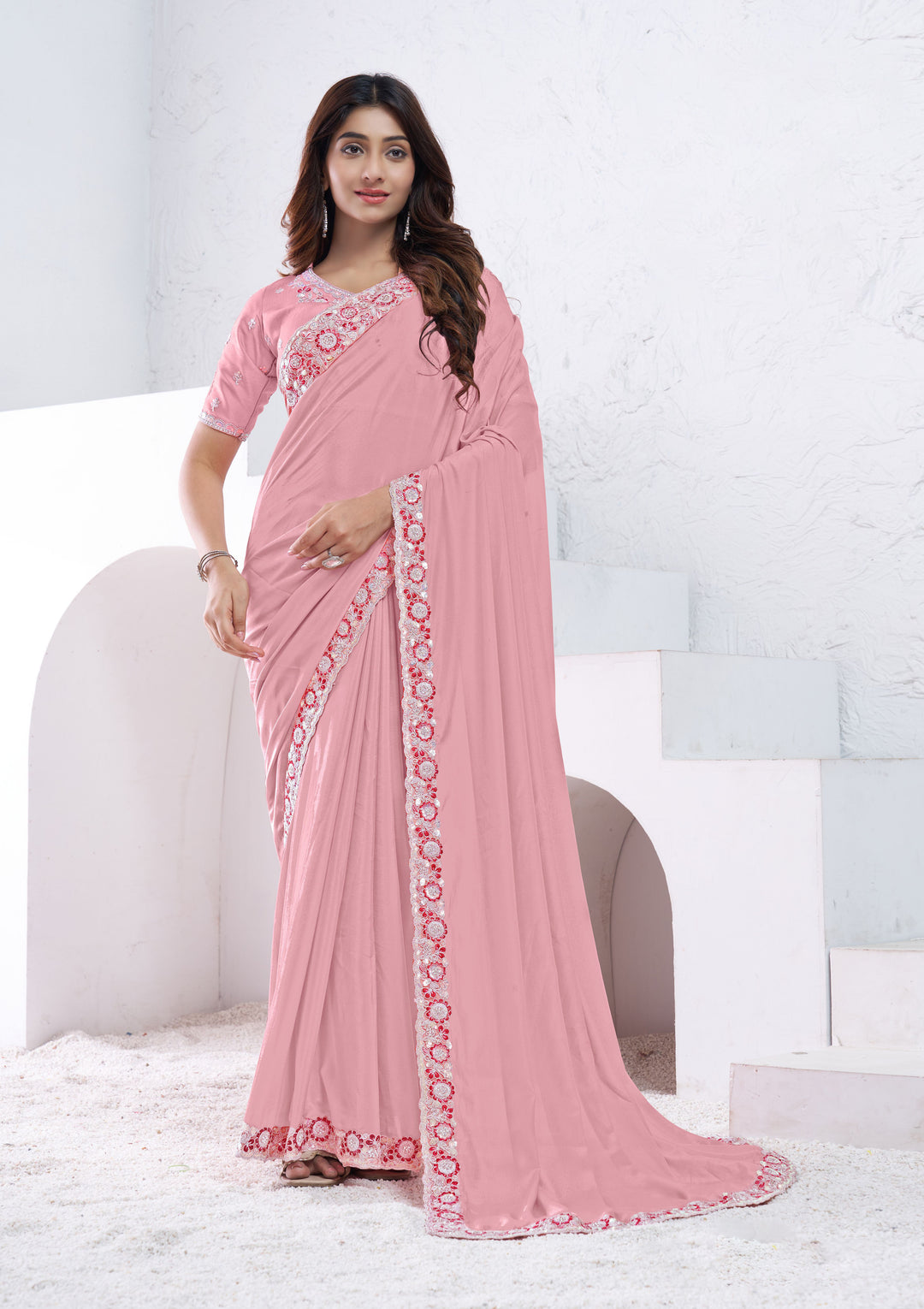 Designer Pink Crepe Silk Saree | Raw Silk Blouse Wedding & Festive Look