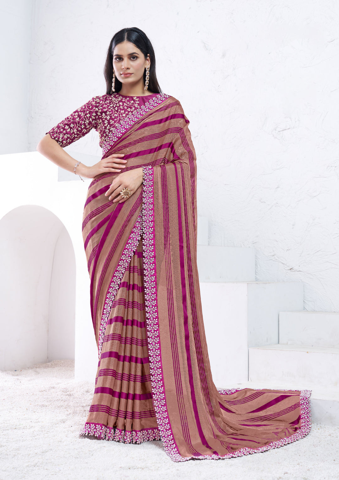 Designer Brown & Wine Saree | Japan Poly Blouse Party & Wedding Wear