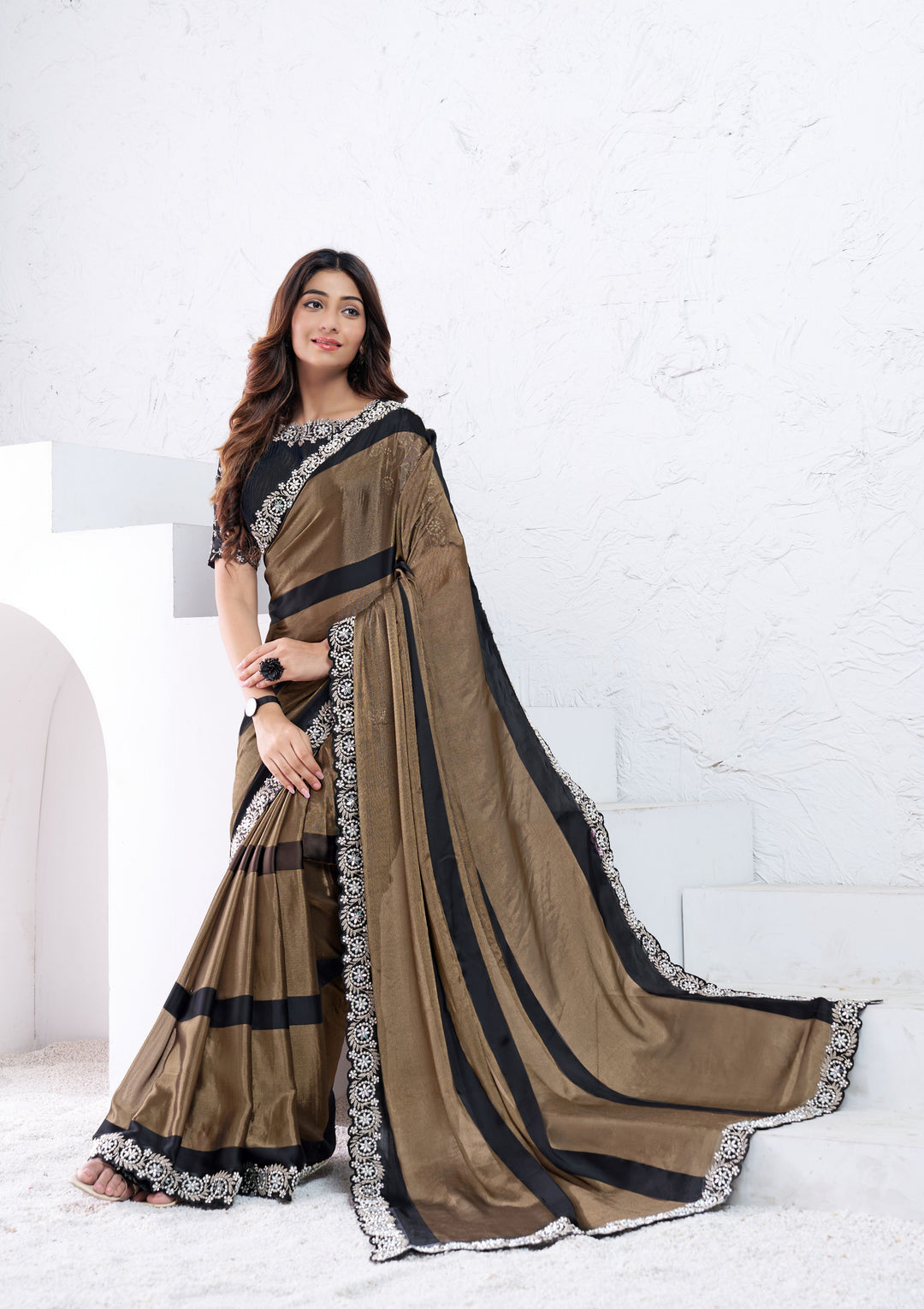 Dark Brown Saree Pattern Georgette | Moti & Real Mirror Work Party Wear