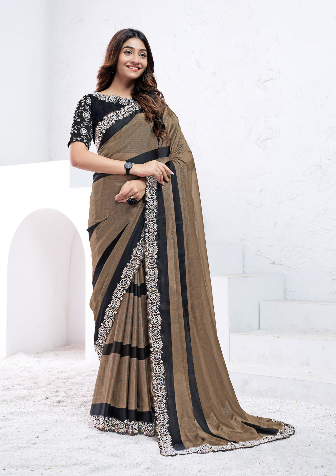 Dark Brown Saree Pattern Georgette | Moti & Real Mirror Work Party Wear