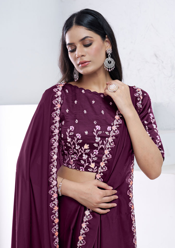 Soft Wine Saree Crepe Satin Silk | Moti & Sequence Embroidery Party Wear