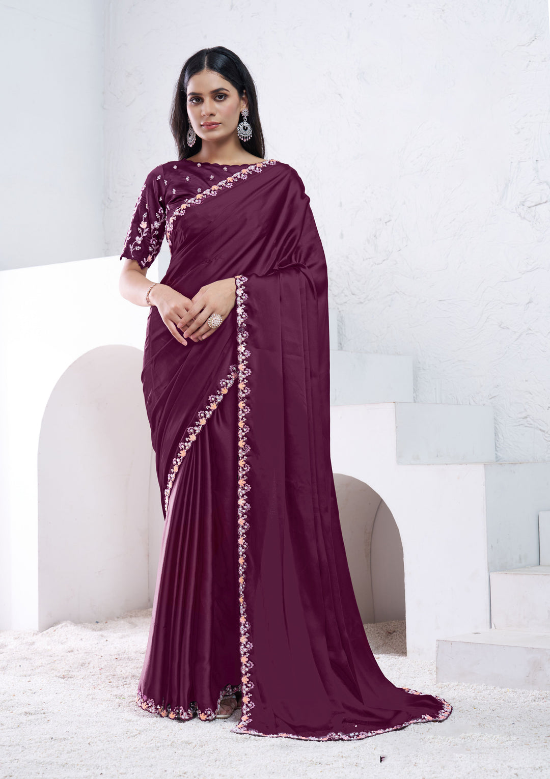 Soft Wine Saree Crepe Satin Silk | Moti & Sequence Embroidery Party Wear