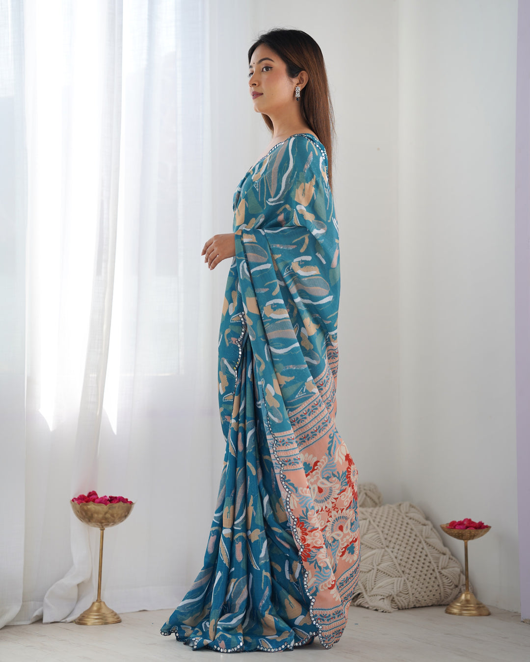 Teal Party Wear Saree | Chinon Fabric with Designer Mirror Cut Work