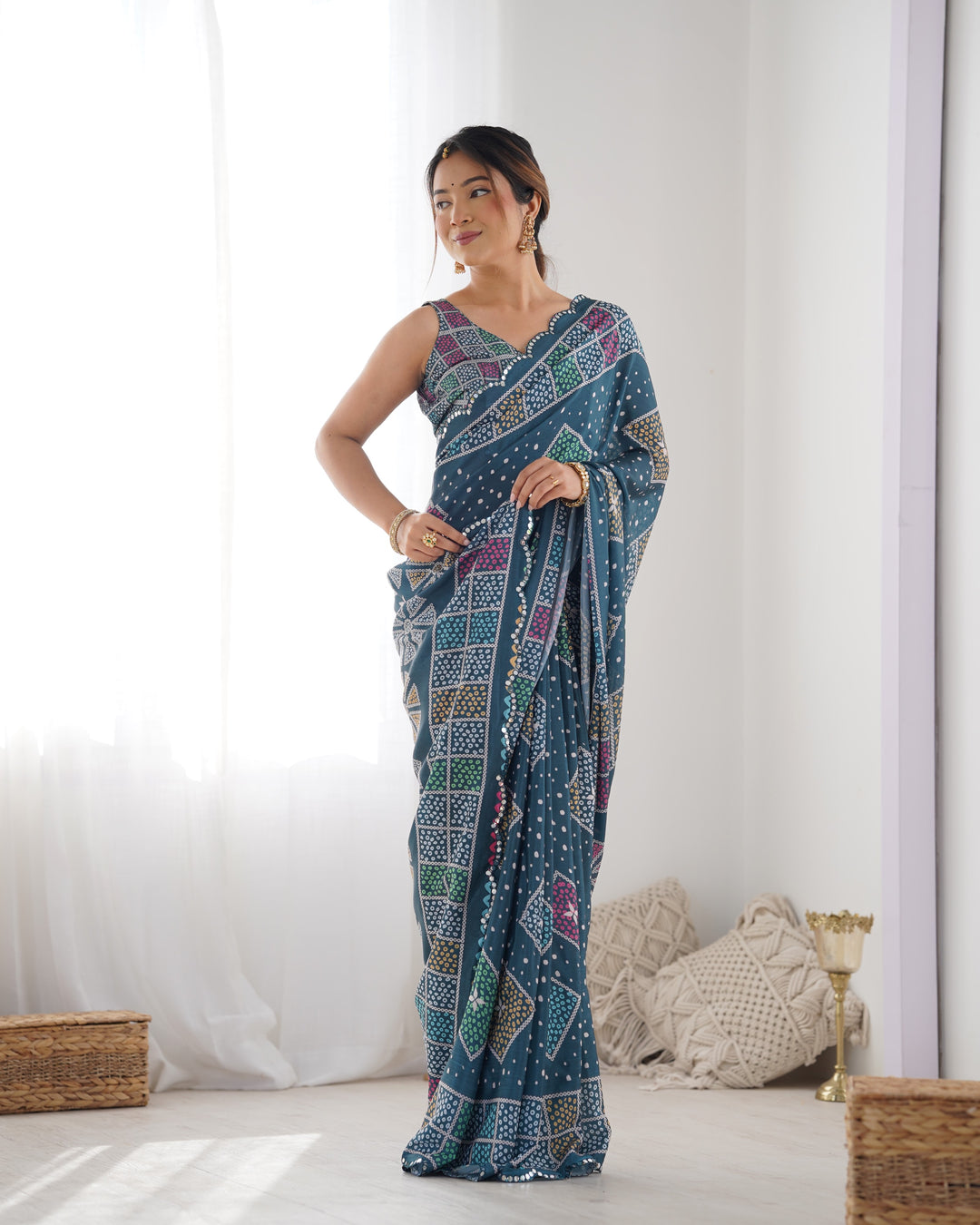 Stylish Designer Chinon Saree | Teal Blue with Mirror Cut & Print Work