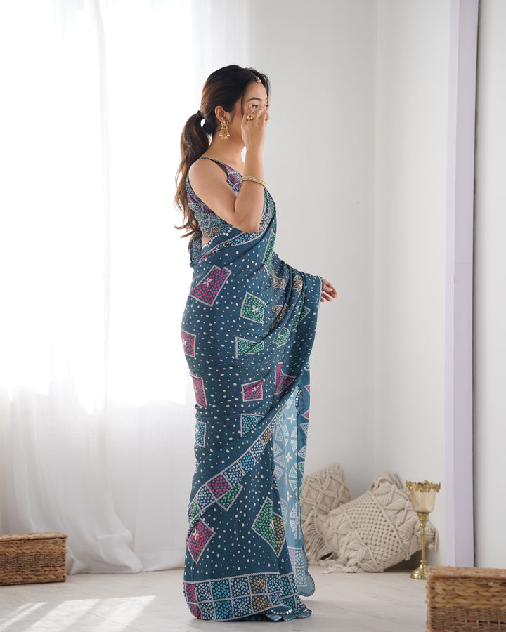 Stylish Designer Chinon Saree | Teal Blue with Mirror Cut & Print Work